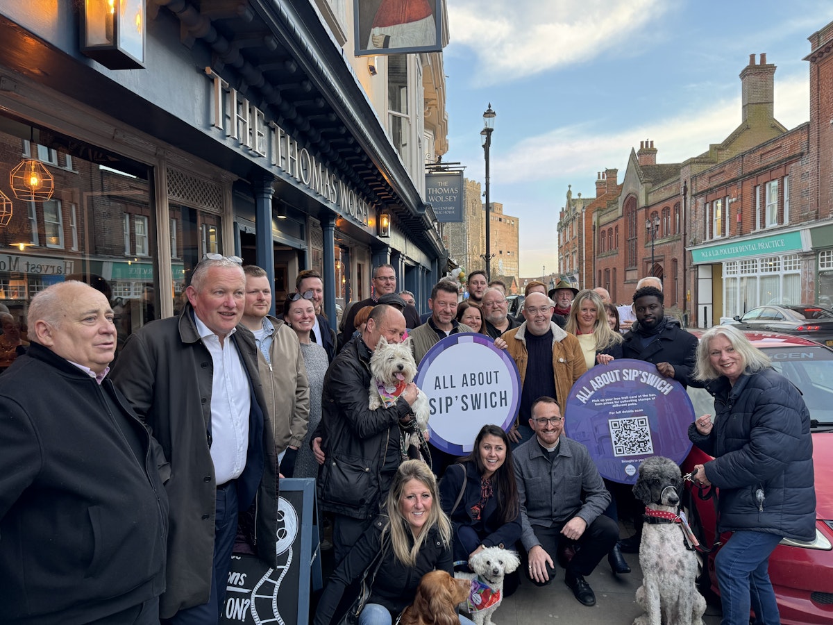 Launch event attendees outside the Thomas Wolsey in Ipswich